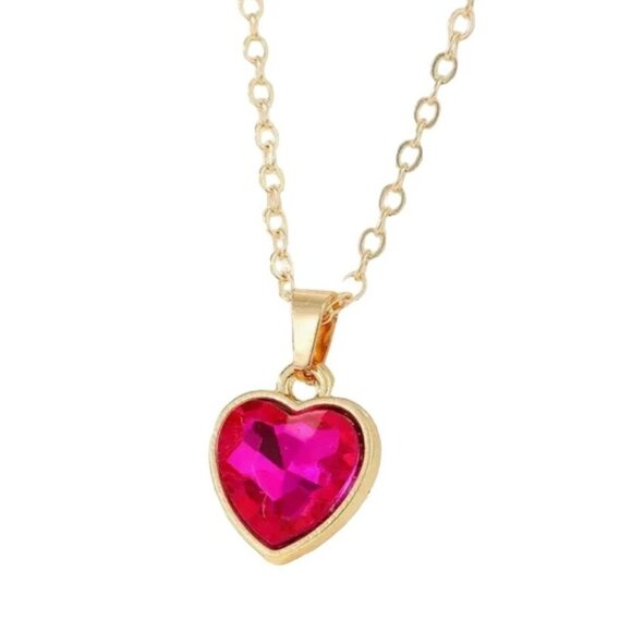 Gold Tone Chain Necklace With Hot Pink Heart Pendant 45cm+5cm Adjustable Length - Picture 1 of 2
